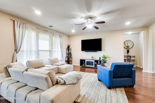 206 Agrarian Ave, Rayne, LA 70578 - living area featuring a ceiling fan, dark wood finished floors, and recessed lighting