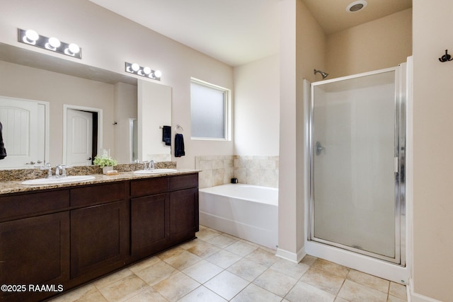 206 Agrarian Ave, Rayne, LA 70578 - full bathroom with a stall shower, a bath, double vanity, and tile patterned flooring