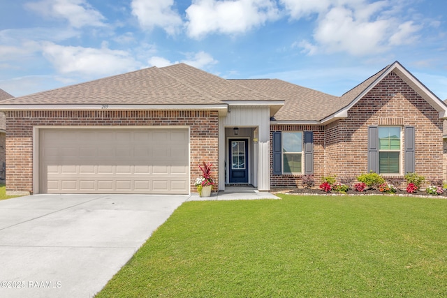 209 Crescent View Ln, Duson, LA 70529 - ranch-style home with brick siding, roof with shingles, driveway, a garage, and a front yard