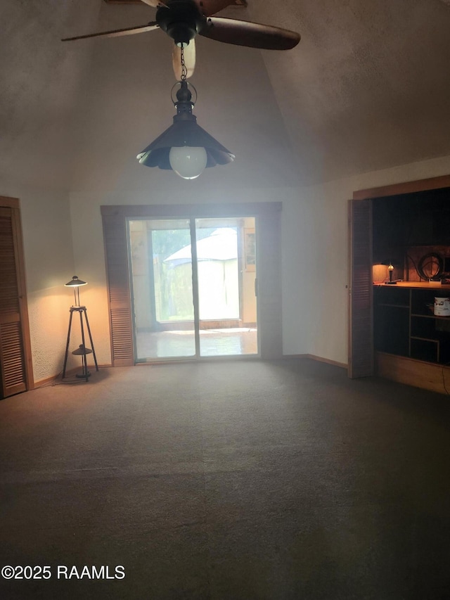 101 Hidden Hills Lake Rd, Arnaudville, LA 70512 - unfurnished living room with ceiling fan, lofted ceiling, and carpet