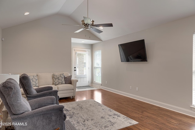 310 Harvest Ln, Abbeville, LA 70510 - living area featuring ceiling fan, vaulted ceiling, dark wood-style floors, and recessed lighting