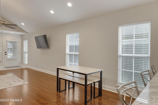 310 Harvest Ln, Abbeville, LA 70510 - unfurnished office featuring ceiling fan, wood finished floors, vaulted ceiling, and recessed lighting
