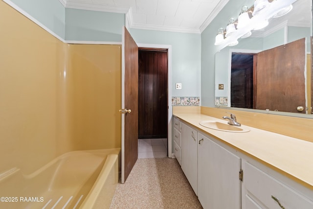 1530 S Fieldspan Rd, Duson, LA 70529 - full bathroom with vanity, ornamental molding, a bathtub, a shower, and tile patterned flooring
