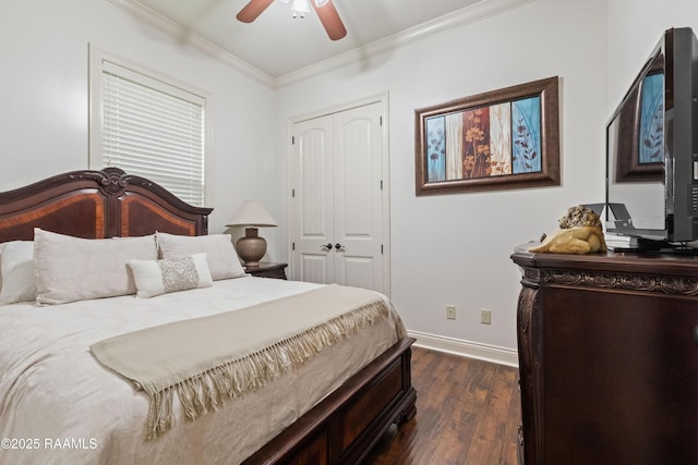 105 Cane Creek Dr, Broussard, LA 70518 - bedroom with dark wood finished floors, ornamental molding, a closet, and ceiling fan