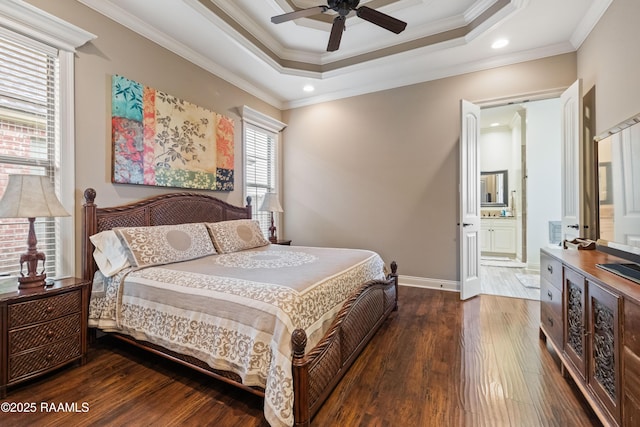 105 Cane Creek Dr, Broussard, LA 70518 - bedroom with wood finished floors, crown molding, recessed lighting, connected bathroom, and ceiling fan