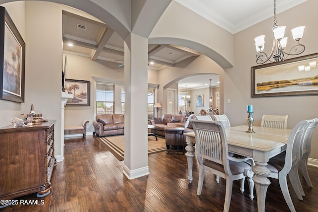 105 Cane Creek Dr, Broussard, LA 70518 - dining area featuring arched walkways, dark wood-style flooring, a chandelier, coffered ceiling, and crown molding