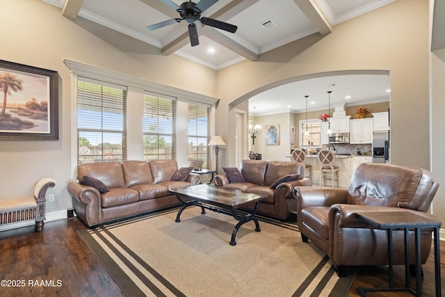 105 Cane Creek Dr, Broussard, LA 70518 - living room with arched walkways, ceiling fan, dark wood-type flooring, beamed ceiling, and ornamental molding