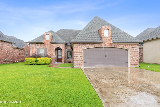 105 Cane Creek Dr, Broussard, LA 70518 - french provincial home featuring a shingled roof, a front lawn, brick siding, a garage, and driveway