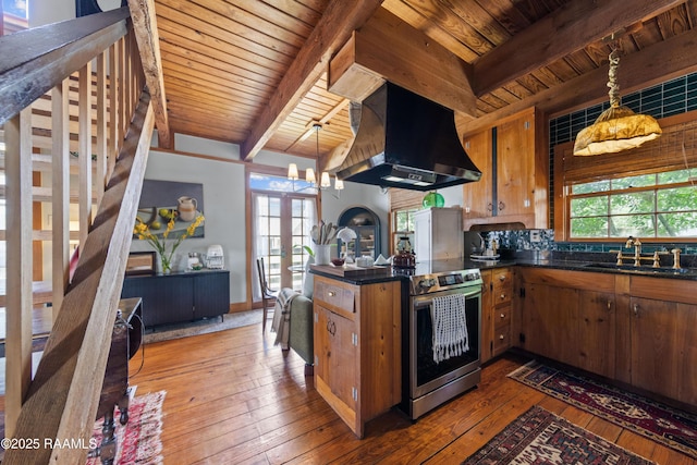 3000 E Simcoe St, Lafayette, LA 70501 - kitchen with a sink, range hood, stainless steel range with electric stovetop, wood ceiling with exposed beams, and dark countertops