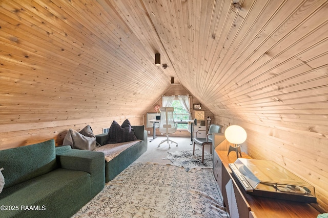 3000 E Simcoe St, Lafayette, LA 70501 - living area featuring wood walls, wood ceiling, carpet, and lofted ceiling