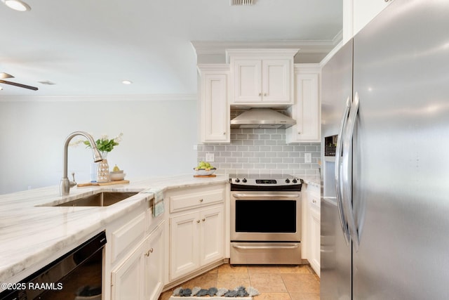 117 Fawn Ln, Broussard, LA 70518 - kitchen featuring appliances with stainless steel finishes, wall chimney exhaust hood, ornamental molding, light stone countertops, and tasteful backsplash