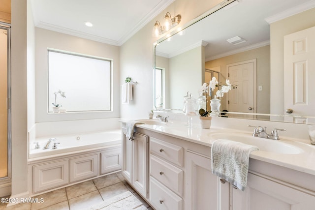 117 Fawn Ln, Broussard, LA 70518 - bathroom with double vanity, a bath, crown molding, tile patterned flooring, and recessed lighting