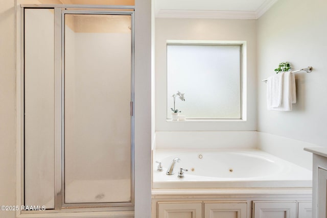 117 Fawn Ln, Broussard, LA 70518 - bathroom with a stall shower, a jetted tub, and crown molding