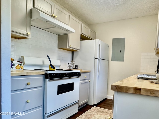 201 High Meadows Blvd Unit 205, Lafayette, LA 70507 - kitchen featuring under cabinet range hood, white appliances, electric panel, tasteful backsplash, and dark wood-style floors