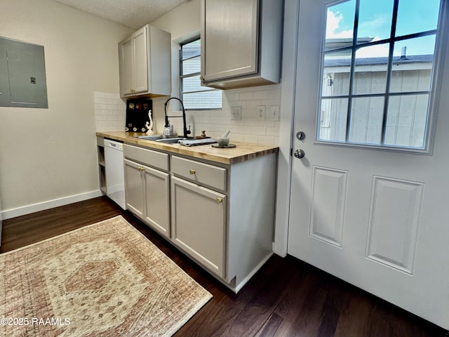 201 High Meadows Blvd Unit 205, Lafayette, LA 70507 - kitchen featuring white dishwasher, a sink, wood counters, electric panel, and dark wood-type flooring