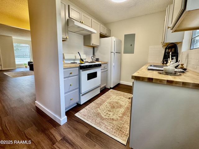201 High Meadows Blvd Unit 205, Lafayette, LA 70507 - kitchen featuring white appliances, under cabinet range hood, wooden counters, electric panel, and dark wood-style flooring