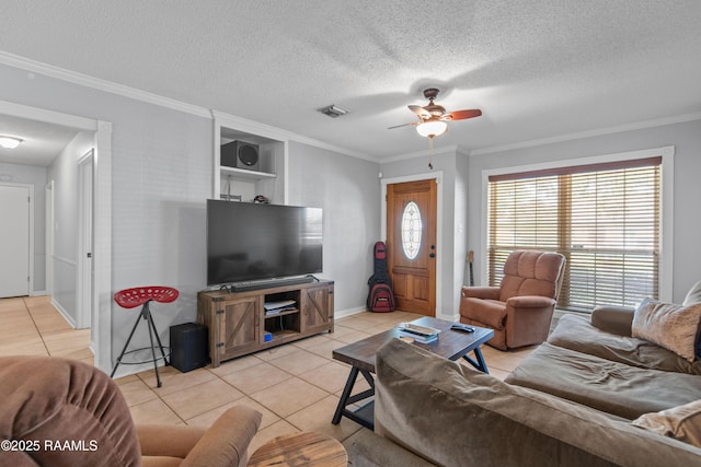315 Orgeron Dr, Lafayette, LA 70506 - living area with light tile patterned floors, ceiling fan, a textured ceiling, and ornamental molding