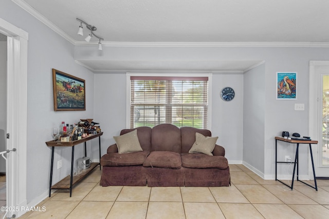 315 Orgeron Dr, Lafayette, LA 70506 - living area featuring crown molding, light tile patterned flooring, and track lighting