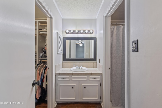 315 Orgeron Dr, Lafayette, LA 70506 - bathroom featuring vanity, crown molding, a spacious closet, tasteful backsplash, and a textured ceiling
