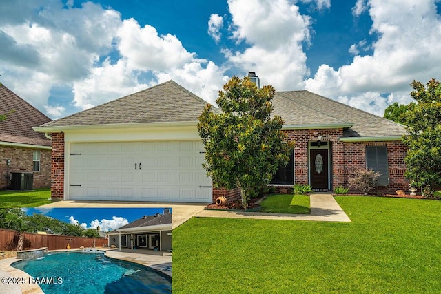 202 Doe Ln, Broussard, LA 70518 - view of front of home with brick siding, a chimney, roof with shingles, a garage, and cooling unit