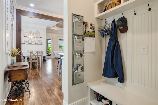 302 Easy Rock Landing Dr, Broussard, LA 70518 - mudroom with dark wood-style flooring, ornamental molding, a chandelier, and recessed lighting