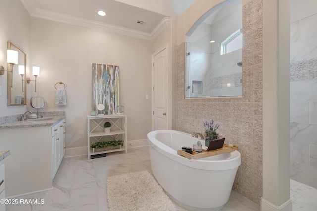 302 Easy Rock Landing Dr, Broussard, LA 70518 - full bath featuring vanity, walk in shower, a freestanding tub, crown molding, and marble finish flooring