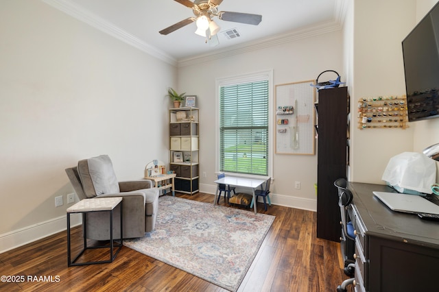 302 Easy Rock Landing Dr, Broussard, LA 70518 - living area with ornamental molding, ceiling fan, and dark wood-type flooring