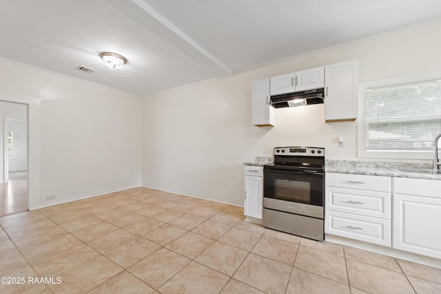 708 Park Ave, Breaux Bridge, LA 70517 - kitchen featuring electric range, under cabinet range hood, white cabinetry, and crown molding