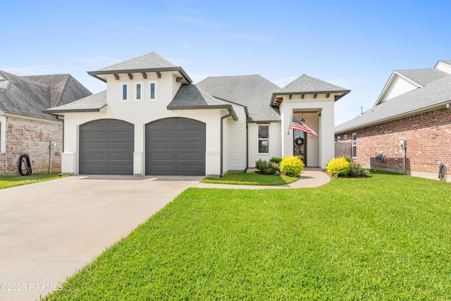 236 Whispering Meadows Rd, Broussard, LA 70518 - view of front of home with a front yard, roof with shingles, stucco siding, concrete driveway, and an attached garage