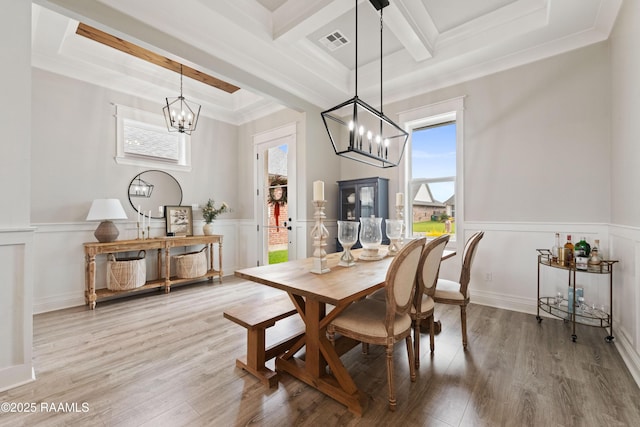 236 Whispering Meadows Rd, Broussard, LA 70518 - dining area with a chandelier, coffered ceiling, healthy amount of natural light, beam ceiling, and wood finished floors