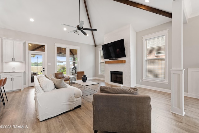 236 Whispering Meadows Rd, Broussard, LA 70518 - living area with ceiling fan, plenty of natural light, light wood-style floors, a large fireplace, and recessed lighting