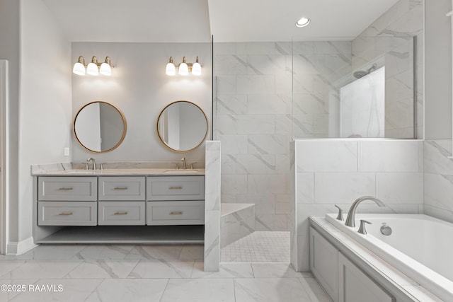 236 Whispering Meadows Rd, Broussard, LA 70518 - full bathroom featuring marble look tile flooring, a garden tub, double vanity, a walk in shower, and recessed lighting