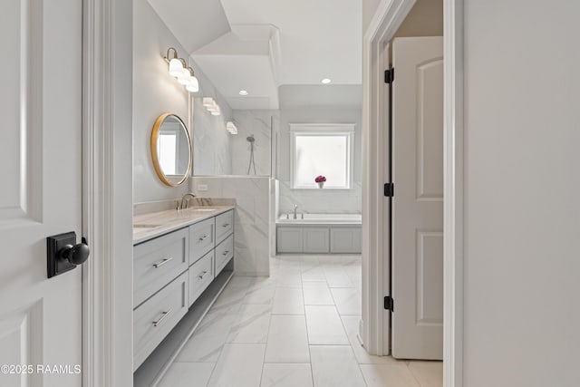 236 Whispering Meadows Rd, Broussard, LA 70518 - full bathroom featuring double vanity, a garden tub, marble look tile flooring, and tiled shower