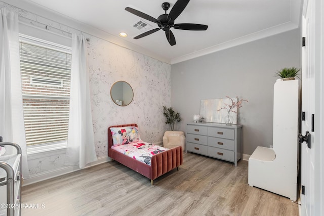 236 Whispering Meadows Rd, Broussard, LA 70518 - bedroom with light wood-type flooring, crown molding, ceiling fan, and recessed lighting