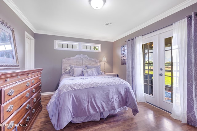 145 Celestine Ln, Sunset, LA 70584 - bedroom with french doors, access to exterior, ornamental molding, and wood finished floors