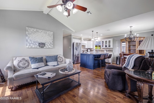 145 Celestine Ln, Sunset, LA 70584 - living area with a ceiling fan, a chandelier, dark wood-style flooring, ornamental molding, and recessed lighting