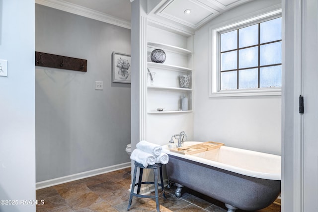 145 Celestine Ln, Sunset, LA 70584 - bathroom with a freestanding tub, crown molding, built in features, and stone finish floors
