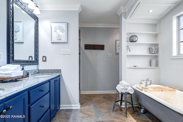 145 Celestine Ln, Sunset, LA 70584 - bathroom featuring double vanity, crown molding, a soaking tub, and stone finish flooring