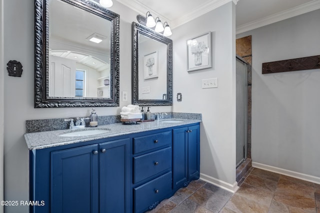 145 Celestine Ln, Sunset, LA 70584 - bathroom with double vanity, a stall shower, ornamental molding, and stone tile flooring
