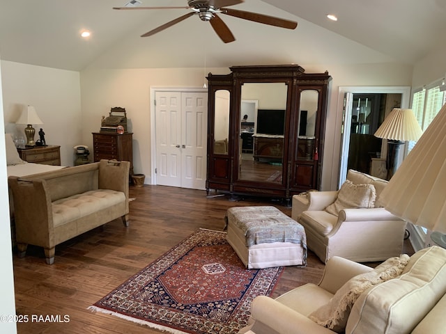 1921 E Willow St, Lafayette, LA 70501 - living area with lofted ceiling, ceiling fan, dark wood-style floors, and recessed lighting