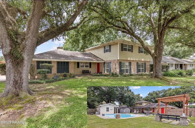 301 Broadmoor Blvd, Lafayette, LA 70503 - view of front facade featuring brick siding, an outdoor pool, a chimney, a pergola, and a shed