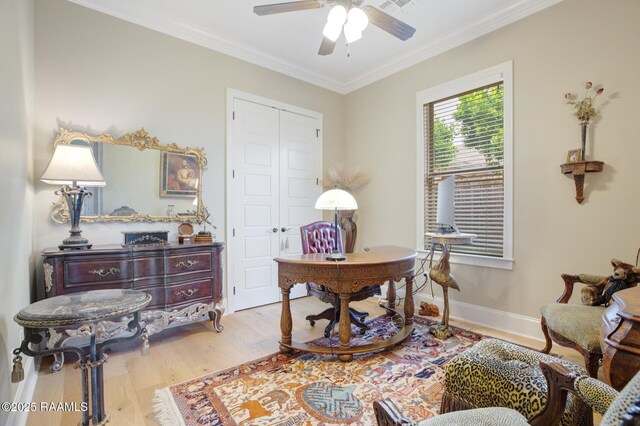 121 Snapping Ln, Broussard, LA 70518 - office area with ceiling fan, wood finished floors, and crown molding