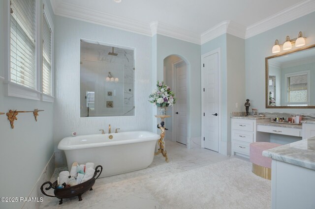 121 Snapping Ln, Broussard, LA 70518 - bathroom featuring a freestanding tub, a shower, vanity, crown molding, and marble finish flooring