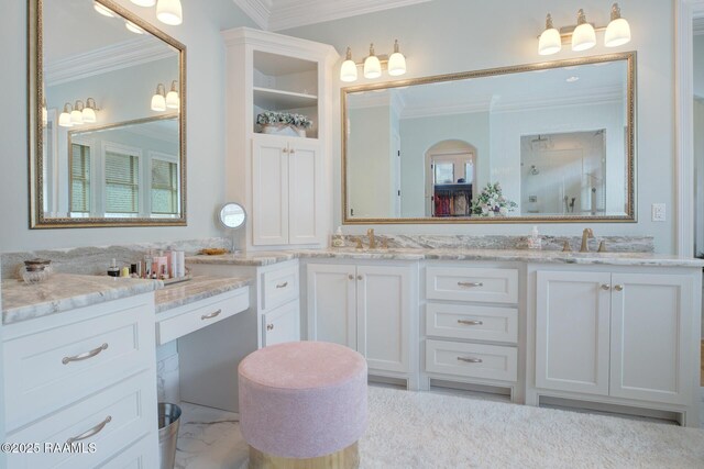 121 Snapping Ln, Broussard, LA 70518 - full bath featuring ornamental molding, double vanity, a shower, and marble look tile flooring