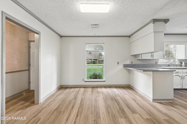 301 Estainville Ave, Lafayette, LA 70508 - kitchen featuring light wood-type flooring, white cabinetry, a textured ceiling, ornamental molding, and plenty of natural light
