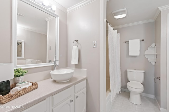 110 Shipley Dr, Lafayette, LA 70508 - full bathroom featuring vanity, ornamental molding, shower / bath combo with shower curtain, and tile patterned floors