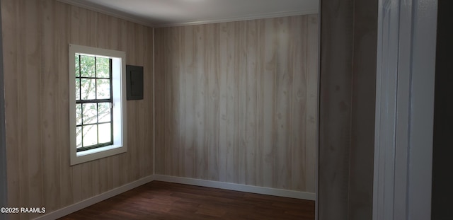 1814 E Lafayette St, Abbeville, LA 70510 - unfurnished room with electric panel, dark wood finished floors, crown molding, and wood walls