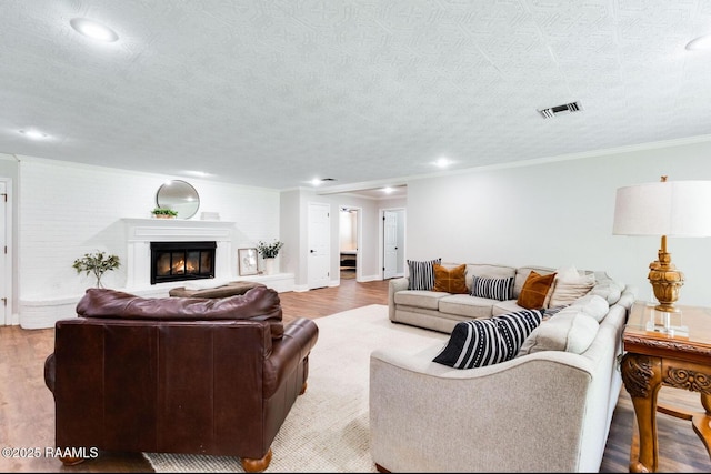 381 Rue Dauphine, Eunice, LA 70535 - living area with wood finished floors, crown molding, recessed lighting, and a glass covered fireplace