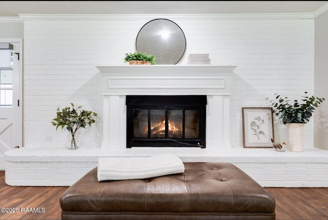 381 Rue Dauphine, Eunice, LA 70535 - detailed view of crown molding, wood finished floors, and a brick fireplace