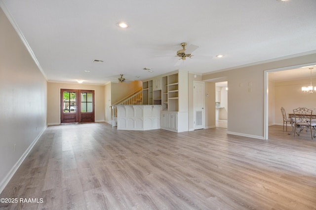 115 Breckenridge Loop, Lafayette, LA 70506 - unfurnished living room with crown molding, ceiling fan, recessed lighting, light wood-style floors, and a chandelier